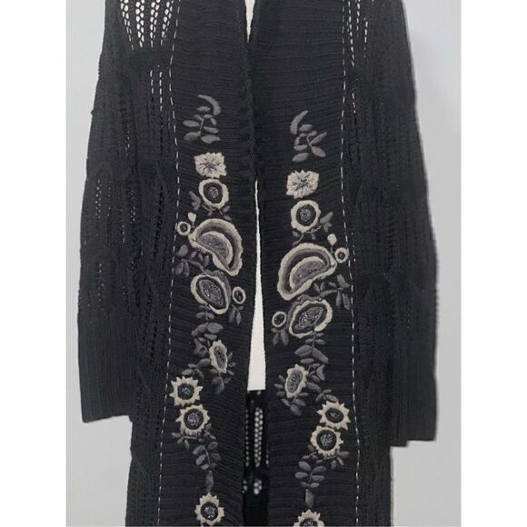 Lucky Brand long knit black cardigan Embroidered open  front S - Picture 3 of 7